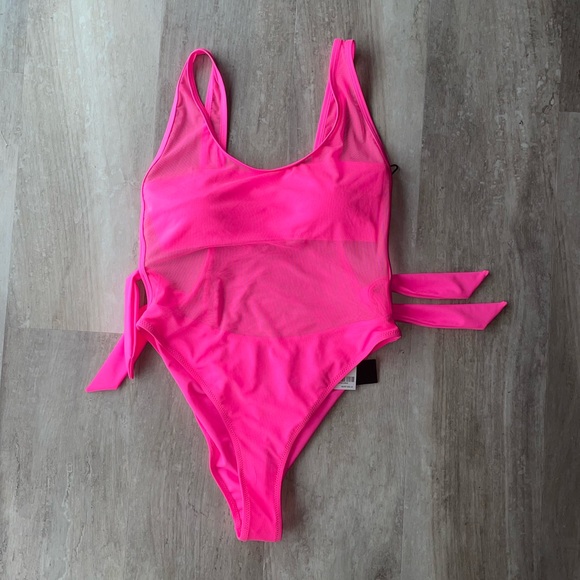 NWT Kendall + Kylie Scoop One-Piece Mesh Neon Pink Swimsuit - M - Picture 3 of 8